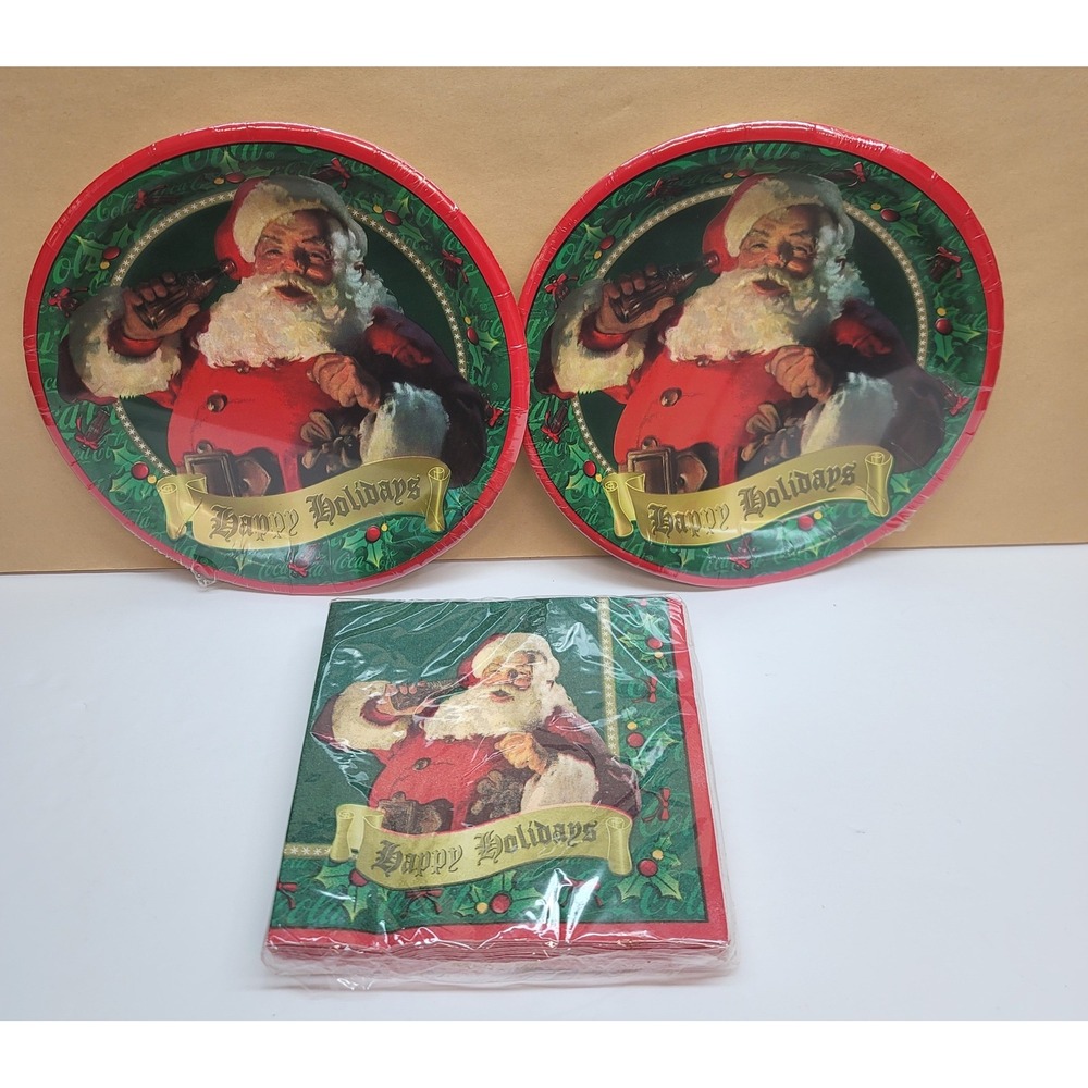 Vintage 1999 Coca-Cola Santa Christmas Paper Plates and Napkins Party Set 3pk